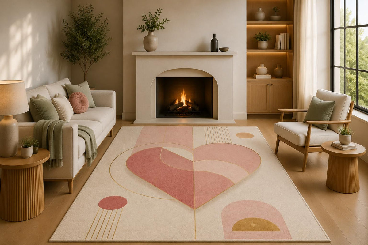 ICE ARMOR 5' x 7' Modern Pink Heart Abstract Area Rug with Non-Slip Silicone Backing Low Pile Soft Carpet for Living Room Bedroom Romantic Love Decor