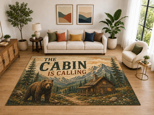 ICE ARMOR "Ultra Light Weight Large 6'7" x 9'10" Cabin is Calling Bear Rug, Soft Low Pile Indoor Rug, Non-Slip Silicone Backing for Family Room Brown