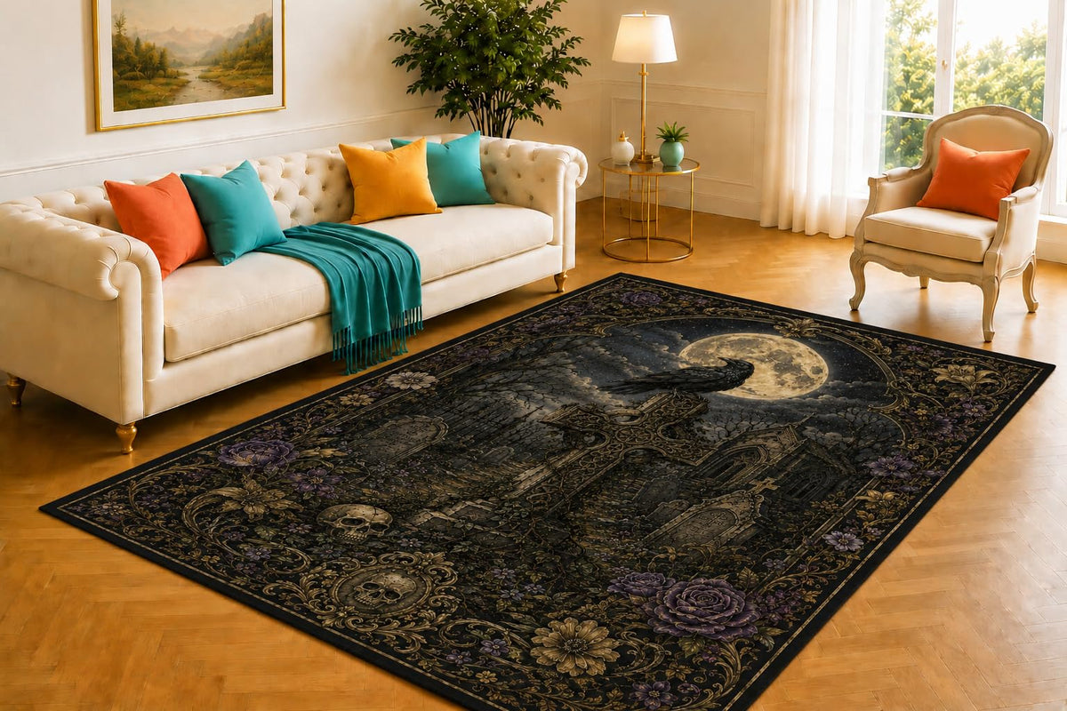 ICE ARMOR 5' x 7' Moonlit Graveyard Rug, Raven Cross and Floral Border Design, Smooth Printed Floor Cover for Bedroom, Office, Hallway and Halloween Home Decor