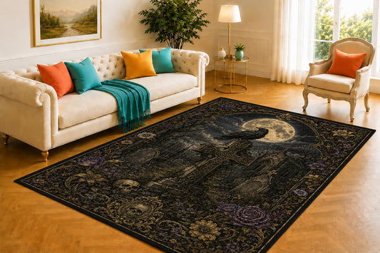 ICE ARMOR 5' x 7' Moonlit Graveyard Rug, Raven Cross and Floral Border Design, Smooth Printed Floor Cover for Bedroom, Office, Hallway and Halloween Home Decor