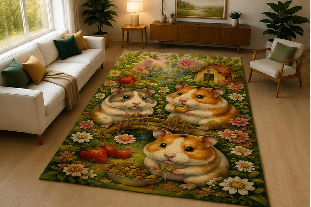 ICE ARMOR 5' x 7' Hamster Garden Flower Area Rug Soft Low Pile Indoor Rug with Non Slip Silicone Backing Cute Pet Animal Decor Carpet for Living Room Bedroom Nursery Kids, Playroom Kids & Pets Green