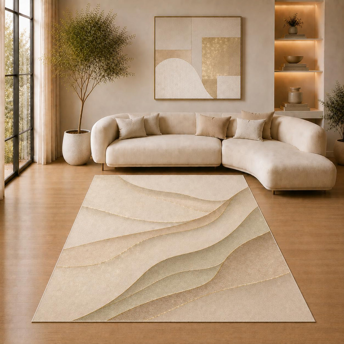 ICE ARMOR 5' x 7' Abstract Layered Wave Area Rug for Living Room, Soft Low Pile Indoor Rug with Non-Slip Silicone Backing, Decorative Carpet for Bedroom, Office, Family Room, Sage Green