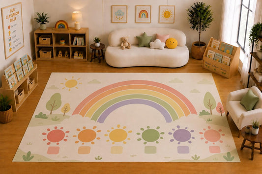 ICE ARMOR Large 6'7" x 9'10" Rainbow Color Learning Area Rug for for Kids Room, Classroom, Bedroom, Playroom Decor, Soft Low Pile Indoor Rug with Non-Slip Silicone Backing, Pastel Multicolor