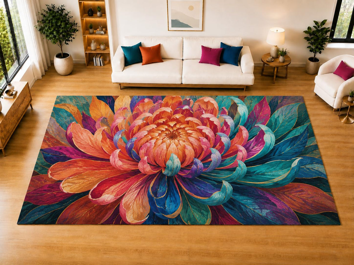 ICE ARMOR "Ultra Light Weight Large 6'7" x 9'10" Chrysanthemum Bloom Area Rug for Living Room Bedroom Dining Room, Soft Low Pile Non-Slip Backing, Orange Teal Purple Pink Floral Decor