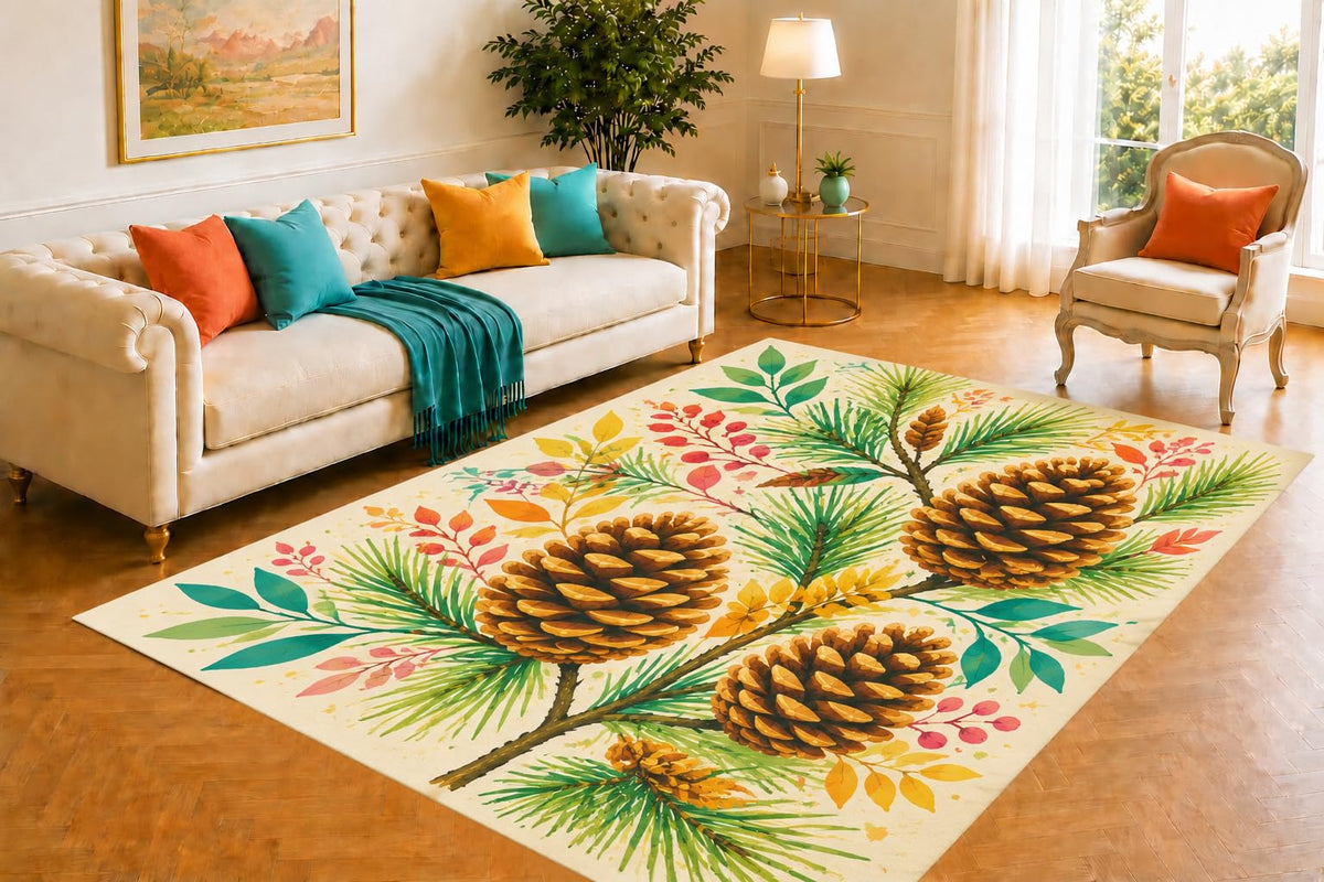 ICE ARMOR 5' x 7' Pinecone Branch Area Rug for Living Room, Soft Low Pile Accent Floor Cover with Non-Slip Silicone Backing for Bedroom, Dining Room, Office, Kids and Pets