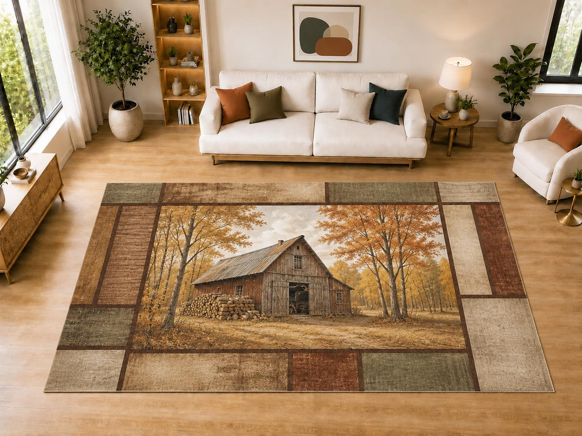 ICE ARMOR "Ultra Light Weight Large 6'7" x 9'10" Autumn Barn Patchwork Area Rug for Dining, Living Room, Bedroom, Soft Low Pile Indoor Rug with Non-Slip Silicone Backing, Rust Brown