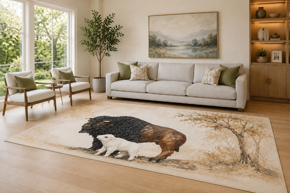 ICE ARMOR Large 6'7" x 9'10" Black and Beige Bison Calf Area Rug for Living Room, Soft Low Pile Carpet with Non-Slip Silicone Backing, Decor for Bedroom and Home Office