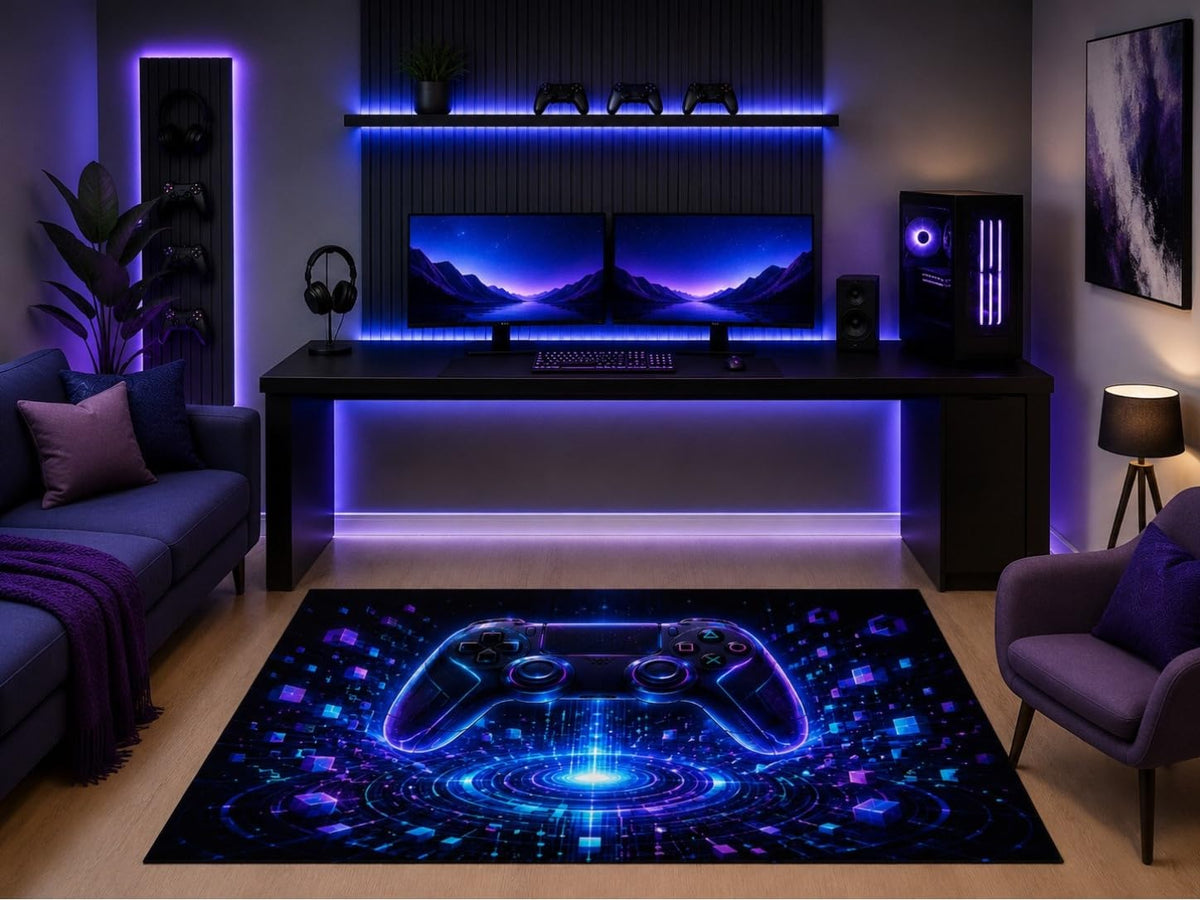 ICE ARMOR 5' x 7' Digital Pixel Gaming Controller Area Rug Neon Tech Abstract Art Gamer Bedroom Game Room Teen Room Decor Non-Slip Silicone Backing Low Pile