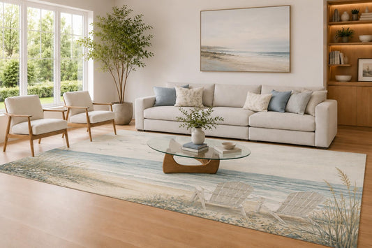 ICE ARMOR Large 6'7" x 9'10" Blue and Beige Beach Chairs Area Rug for Living Room, Soft Low Pile Carpet with Non-Slip Silicone Backing, Decor for Bedroom and Home Office