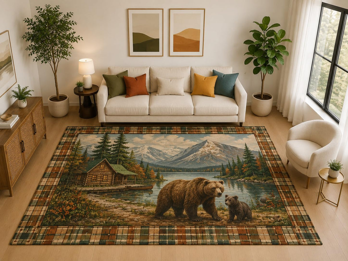 ICE ARMOR "Ultra Light Weight Large 6'7" x 9'10" Bear Cub Cabin Lake Rug, Soft Low Pile Indoor Rug, Non-Slip Silicone Backing for Family Room Brown
