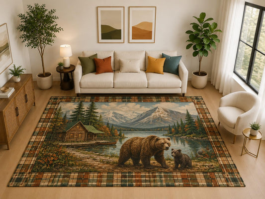 ICE ARMOR "Ultra Light Weight Large 6'7" x 9'10" Bear Cub Cabin Lake Rug, Soft Low Pile Indoor Rug, Non-Slip Silicone Backing for Family Room Brown