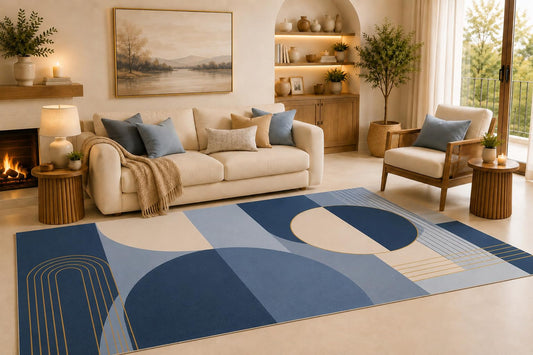 ICE ARMOR Large 6'7" x 9'10" Navy Geometric Arches Area Rug for Living Room, Soft Low Pile Indoor Floor Cover with Non-Slip Silicone Backing, Decorative Carpet for Bedroom, Dining Room and Office