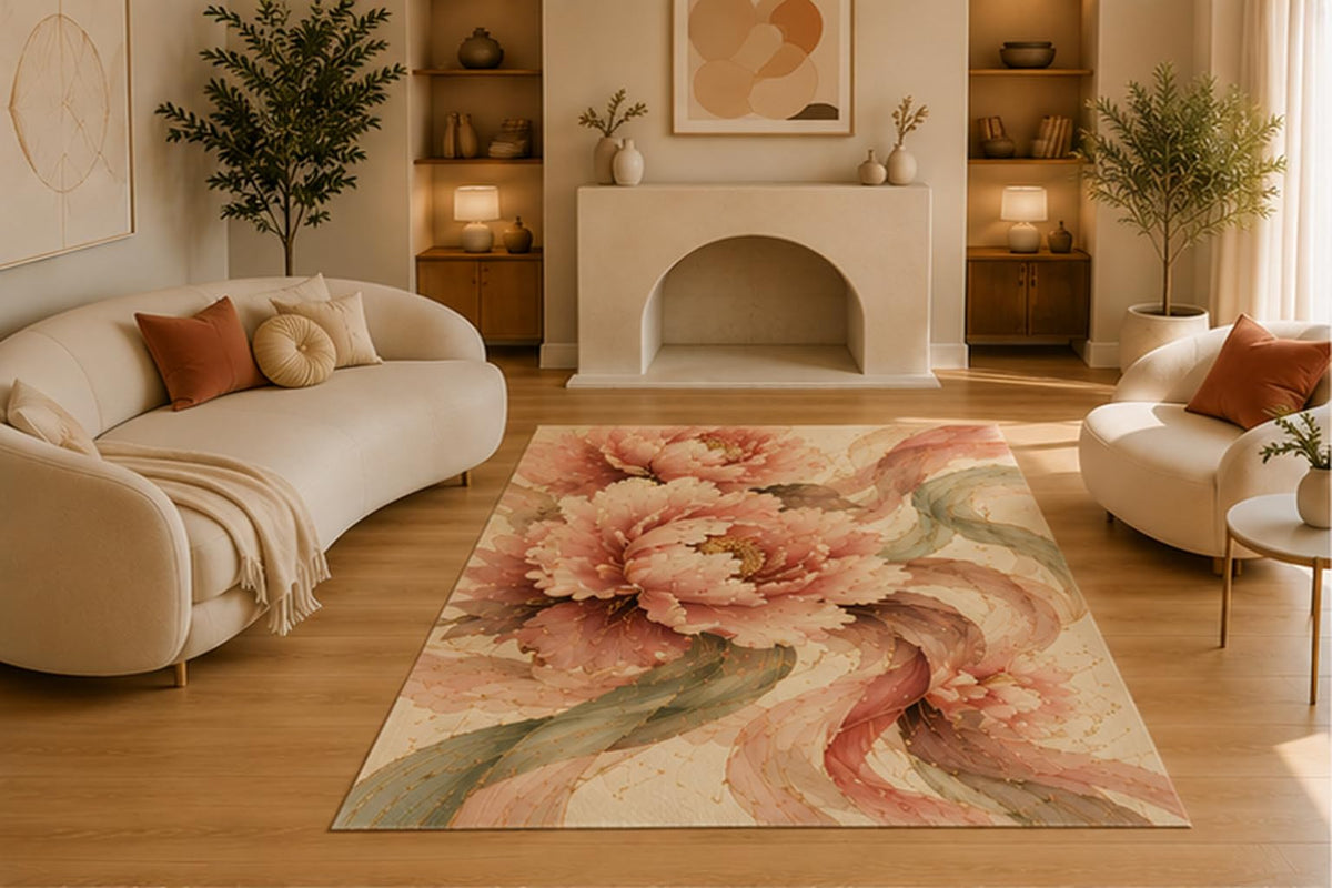 ICE ARMOR 5' x 7' Blush Peony Abstract Floral Area Rug, Soft Low Pile Indoor Rug with Non-Slip Silicone Backing for Living Room, Bedroom, Dining Room, Office, Modern Pink Beige