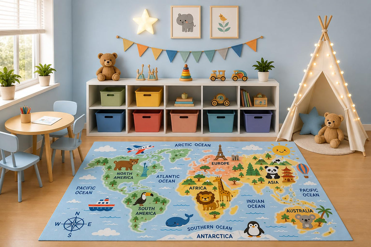 ICE ARMOR 5' x 7' World Map Area Rug for Kids Playroom Nursery Bedroom, Educational Continents Animals Geography Learning Classroom Cartoon Decor, Non-Slip Silicone Backing Low Pile