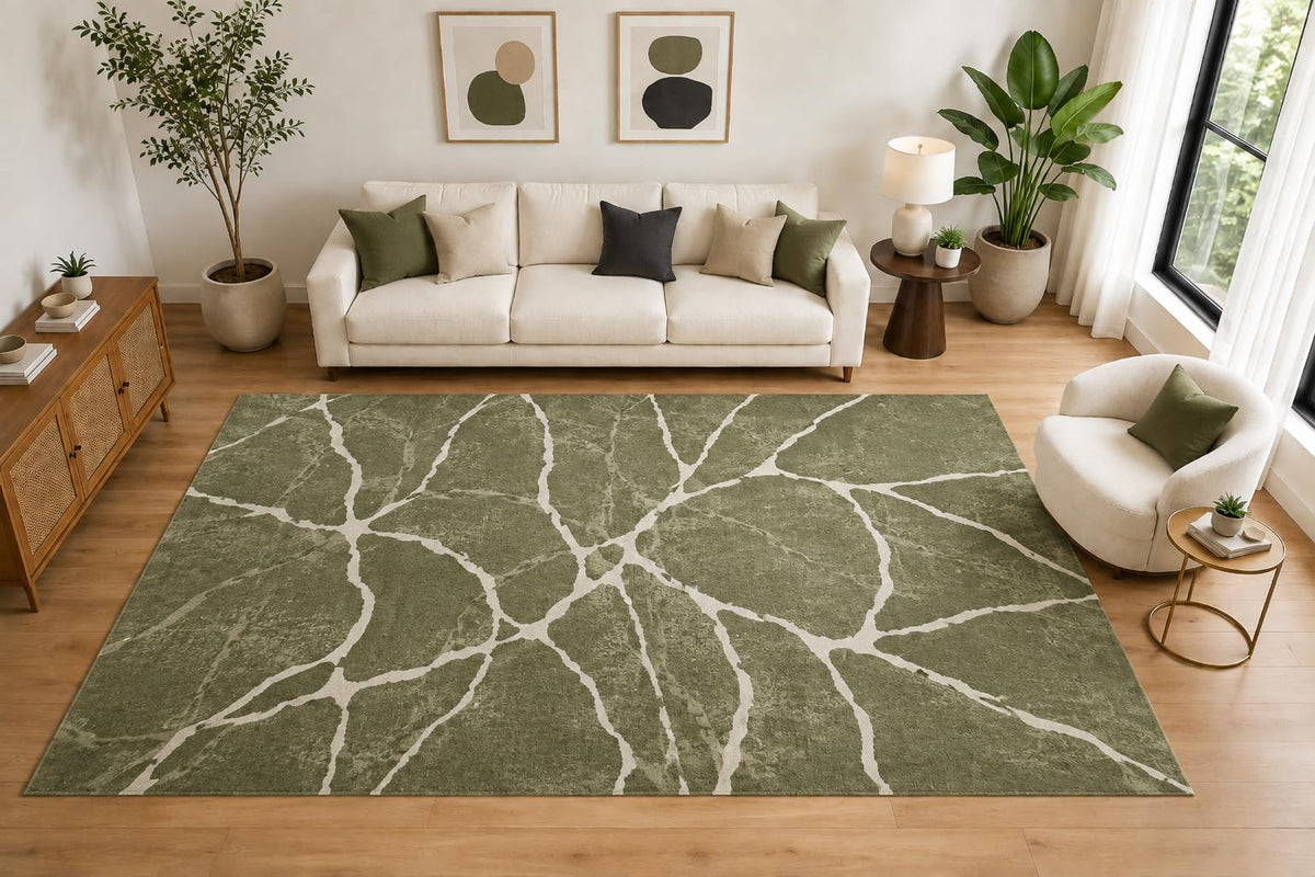 ICE ARMOR Large 6'7" x 9'10" Cracked Stone Abstract Area Rug for for Bedroom, Living Room, Soft Low Pile Indoor Rug with Non-Slip Silicone Backing, Sage Green Ivory