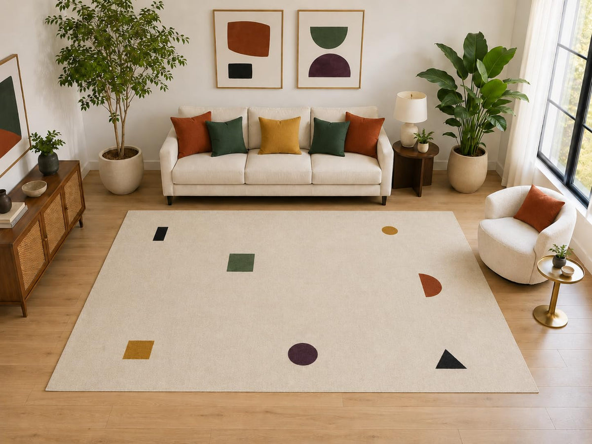 ICE ARMOR Large 6'7" x 9'10" Minimal Geometric Accent Area Rug for for Bedroom, Living Room, Soft Low Pile Indoor Rug with Non-Slip Silicone Backing, Ivory Rust Green Plum