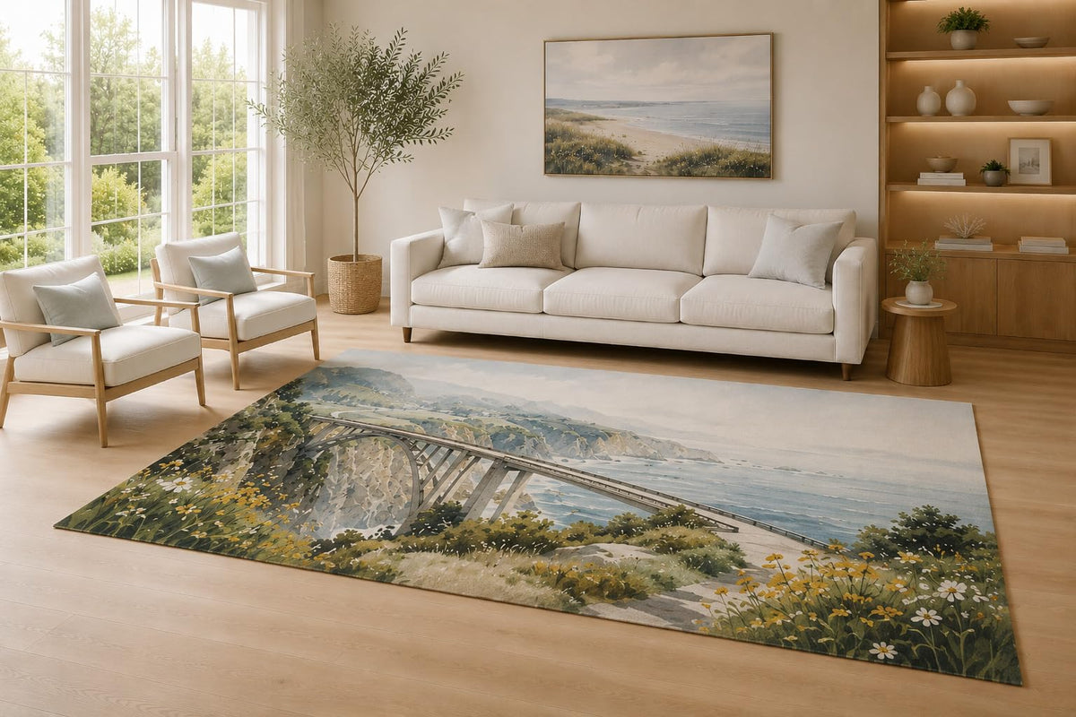 ICE ARMOR Large 6'7" x 9'10" Blue and Green Coastal Bridge Area Rug for Living Room, Soft Low Pile Carpet with Non-Slip Silicone Backing, Decor for Bedroom and Home Office