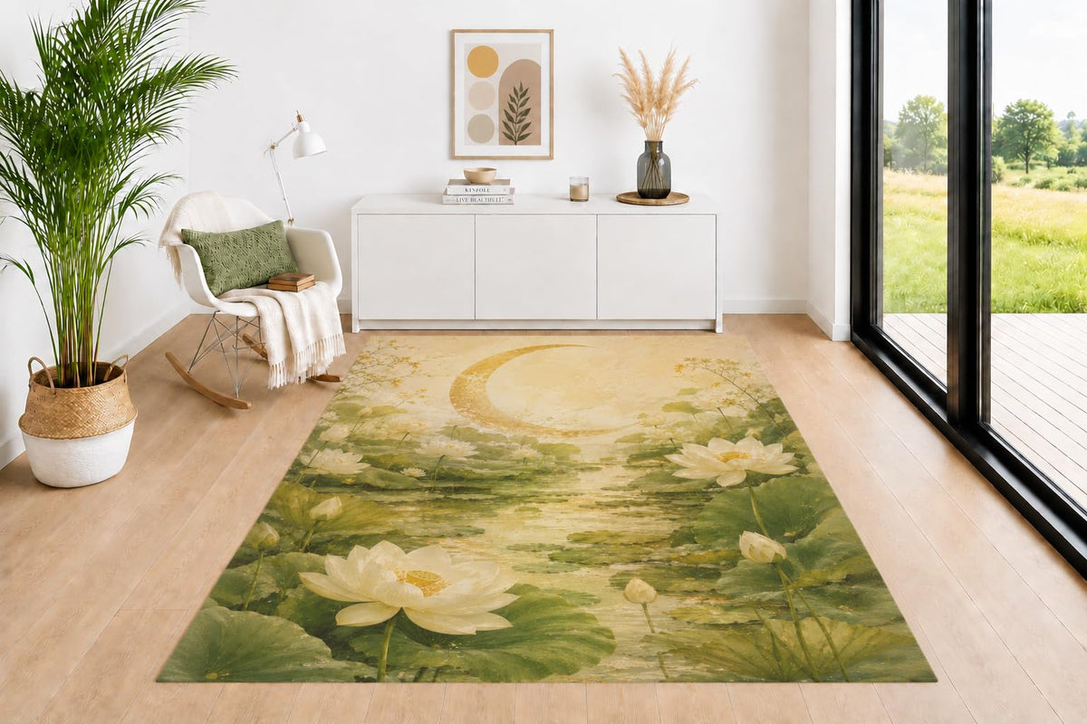 ICE ARMOR 5' x 7' Lotus Pond Area Rug for Living Room, Soft Low Pile Indoor Rug with Non-Slip Backing, Water Lily Carpet for Bedroom, Dining Room, Office, Green Beige