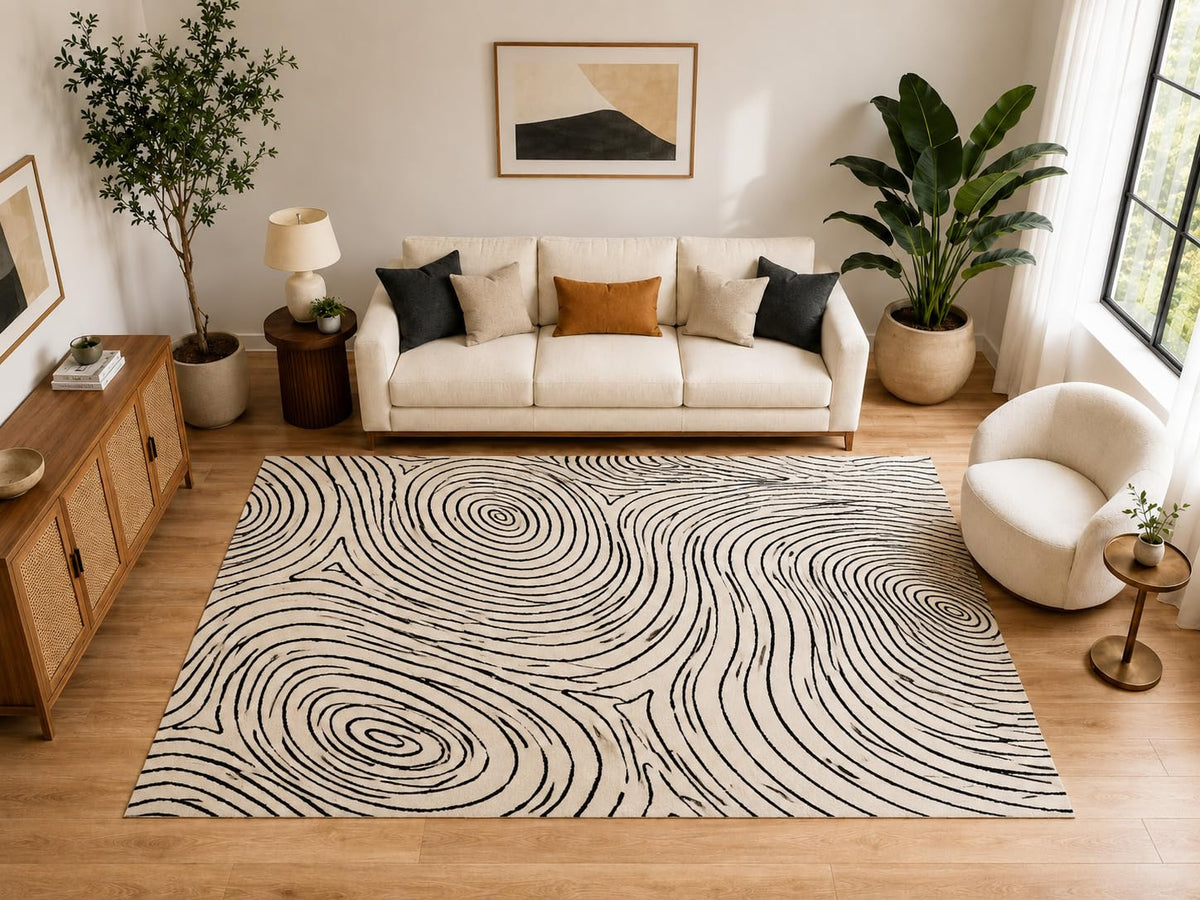 ICE ARMOR Large 6'7" x 9'10" Abstract Wood Grain Swirl Area Rug for for Bedroom, Living Room, Soft Low Pile Indoor Rug with Non-Slip Silicone Backing, Ivory Black