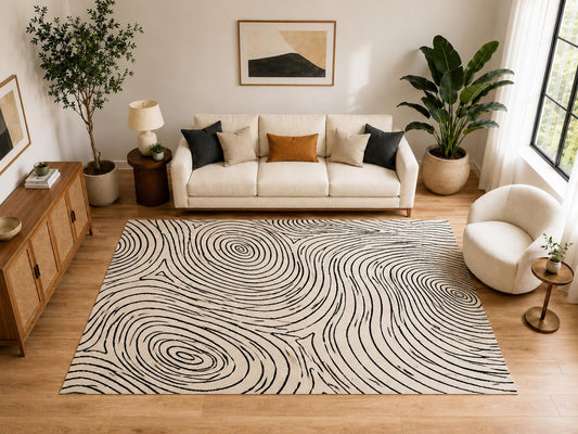 ICE ARMOR Large 6'7" x 9'10" Abstract Wood Grain Swirl Area Rug for for Bedroom, Living Room, Soft Low Pile Indoor Rug with Non-Slip Silicone Backing, Ivory Black
