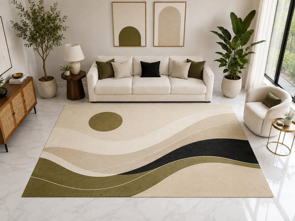 ICE ARMOR Large 6'7" x 9'10" Abstract Sun and Waves Area Rug, Soft Low Pile Indoor Rug with Non-Slip Silicone Backing for Living Room Bedroom, Gray