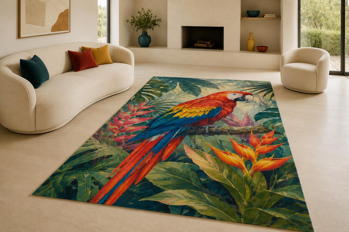 ICE ARMOR "Ultra Lightweight Large 6'7" x 9'10" Tropical Scarlet Macaw Area Rug for Living Room, Bedroom and Home Office, Soft Low Pile Carpet with Non-Slip Silicone Backing, Red and Green