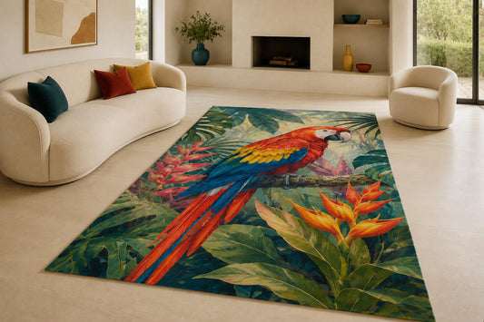 ICE ARMOR "Ultra Lightweight Large 6'7" x 9'10" Tropical Scarlet Macaw Area Rug for Living Room, Bedroom and Home Office, Soft Low Pile Carpet with Non-Slip Silicone Backing, Red and Green