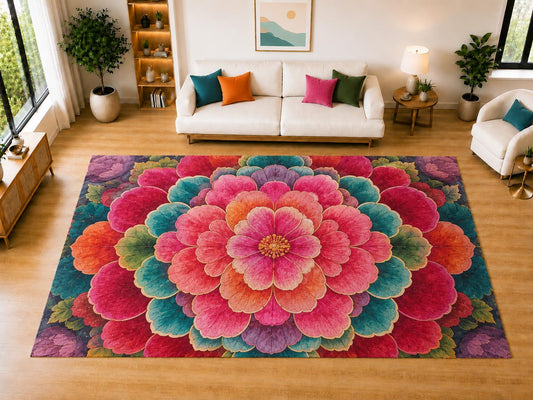 ICE ARMOR "Ultra Light Weight Large 6'7" x 9'10" Layered Blossom Area Rug for Living Room Bedroom Dining Room, Soft Low Pile Non-Slip Backing, Pink Teal Orange Purple Floral Decor