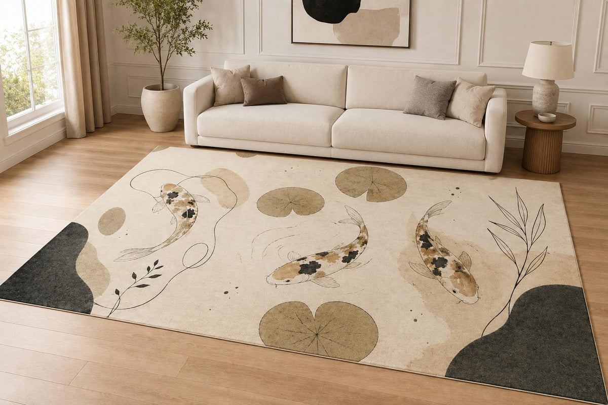 ICE ARMOR "Ultra Lightweight Large 6'7" x 9'10" Minimal Koi Lily Pads Area Rug for Living Room, Bedroom and Home Office, Soft Low Pile Carpet with Non-Slip Silicone Backing, Beige and Brown