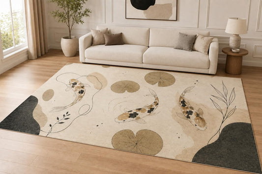 ICE ARMOR "Ultra Lightweight Large 6'7" x 9'10" Minimal Koi Lily Pads Area Rug for Living Room, Bedroom and Home Office, Soft Low Pile Carpet with Non-Slip Silicone Backing, Beige and Brown
