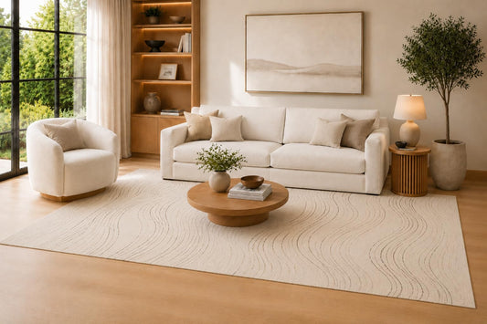 ICE ARMOR Large 6'7" x 9'10" Ivory and Taupe Flowing Lines Area Rug for Living Room, Soft Low Pile Carpet with Non-Slip Silicone Backing, Decor for Bedroom, Dining Area and Home Office