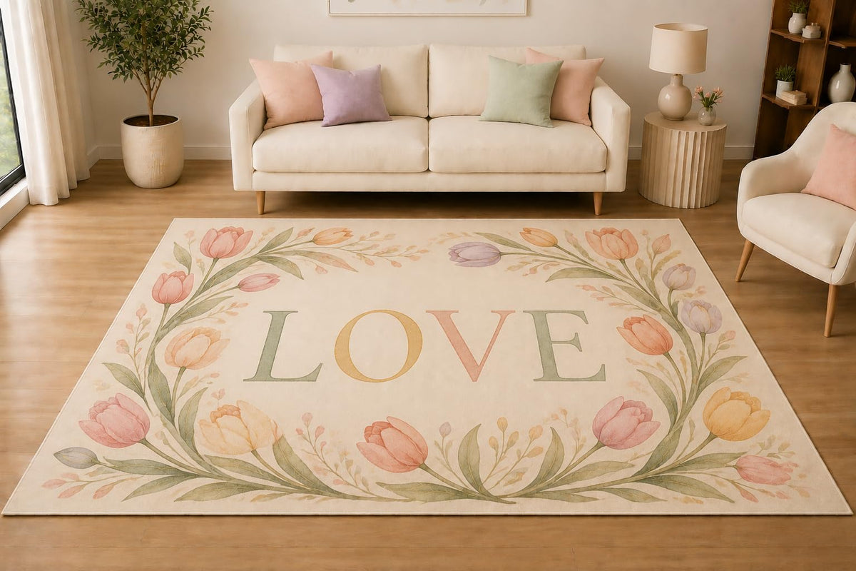 ICE ARMOR 5' x 7' Pastel Tulip Wreath Love Area Rug, Soft Low Pile Indoor Rug with Non-Slip Silicone Backing for Living Room, Bedroom, Dining Room, Family Room, Cream Peach Pink
