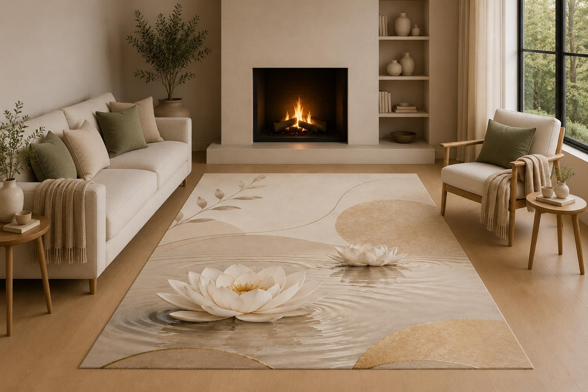 ICE ARMOR 5' x 7' White Lotus Zen Area Rug with Non-Slip Silicone Backing Low Pile Soft Carpet for Living Room Bedroom Meditation Minimalist Spa Floral Decor