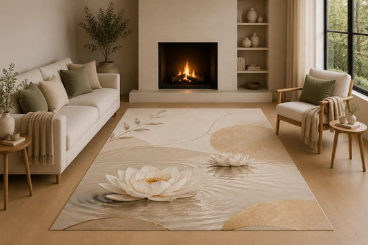 ICE ARMOR 5' x 7' White Lotus Zen Area Rug with Non-Slip Silicone Backing Low Pile Soft Carpet for Living Room Bedroom Meditation Minimalist Spa Floral Decor