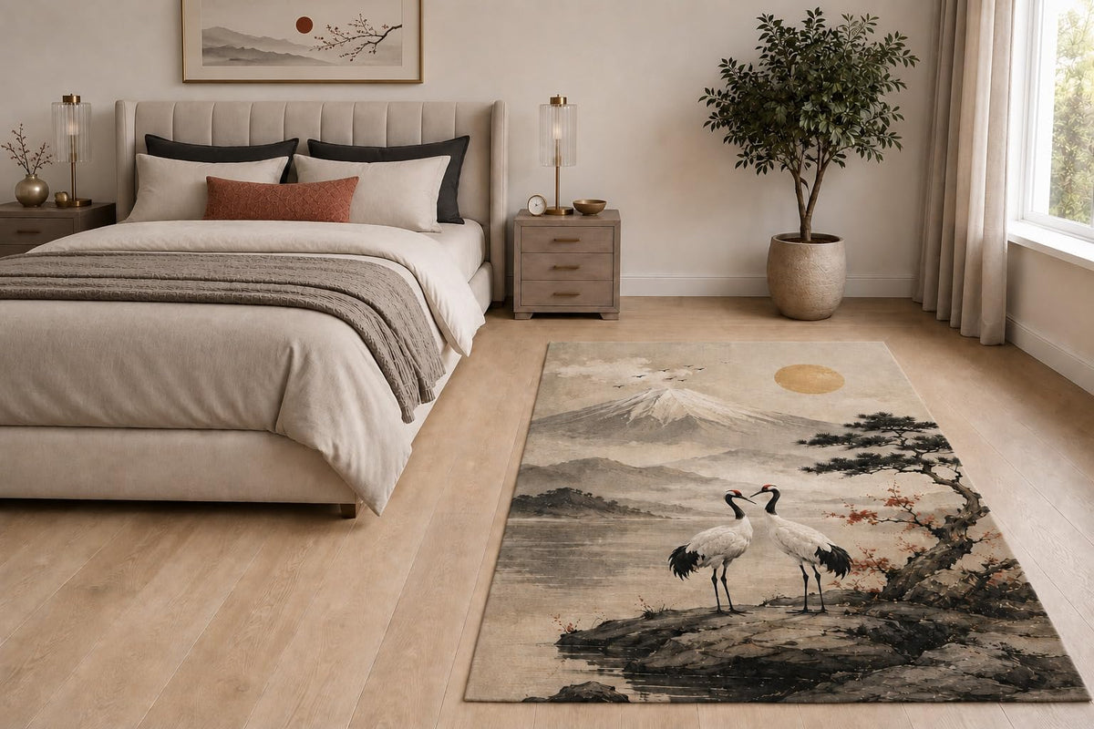 ICE ARMOR "Ultra Light Weight 5' x 7' Mount Fuji Cranes Area Rug for Living Room, Bedroom and Home Office, Soft Low Pile Carpet with Non-Slip Silicone Backing, Beige and Black