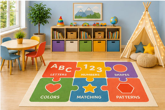 ICE ARMOR 5' x 7' Educational Puzzle Area Rug, ABC Letters Numbers Shapes Colors Matching Patterns Learning Play Mat for Kids Nursery Classroom, Non-Slip Silicone Backing Low Pile
