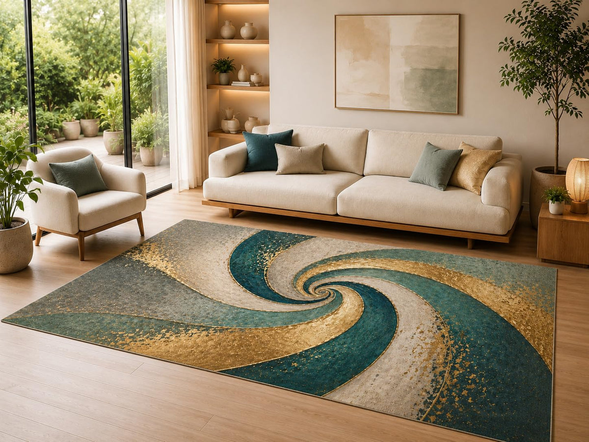 ICE ARMOR 6'7" x 9'10" Teal Spiral Motion Area Rug for Living Room, Soft Low Pile Indoor Rug with Non-Slip Silicone Backing, Decorative Carpet for Bedroom, Dining Room and Office, Teal