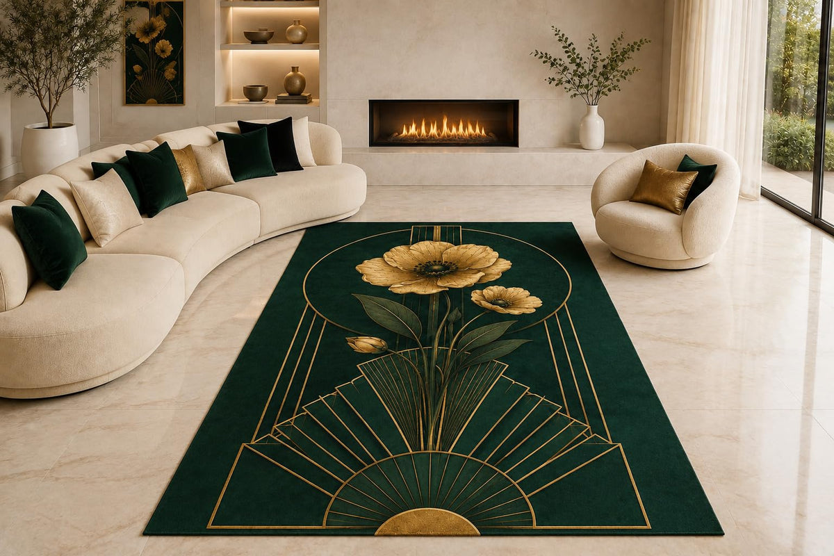 ICE ARMOR "Ultra Lightweight Large 6'7" x 9'10" Poppy Frame Area Rug for Living Room, Bedroom and Home Office, Soft Low Pile Carpet with Non-Slip Silicone Backing, Green and Golden Color