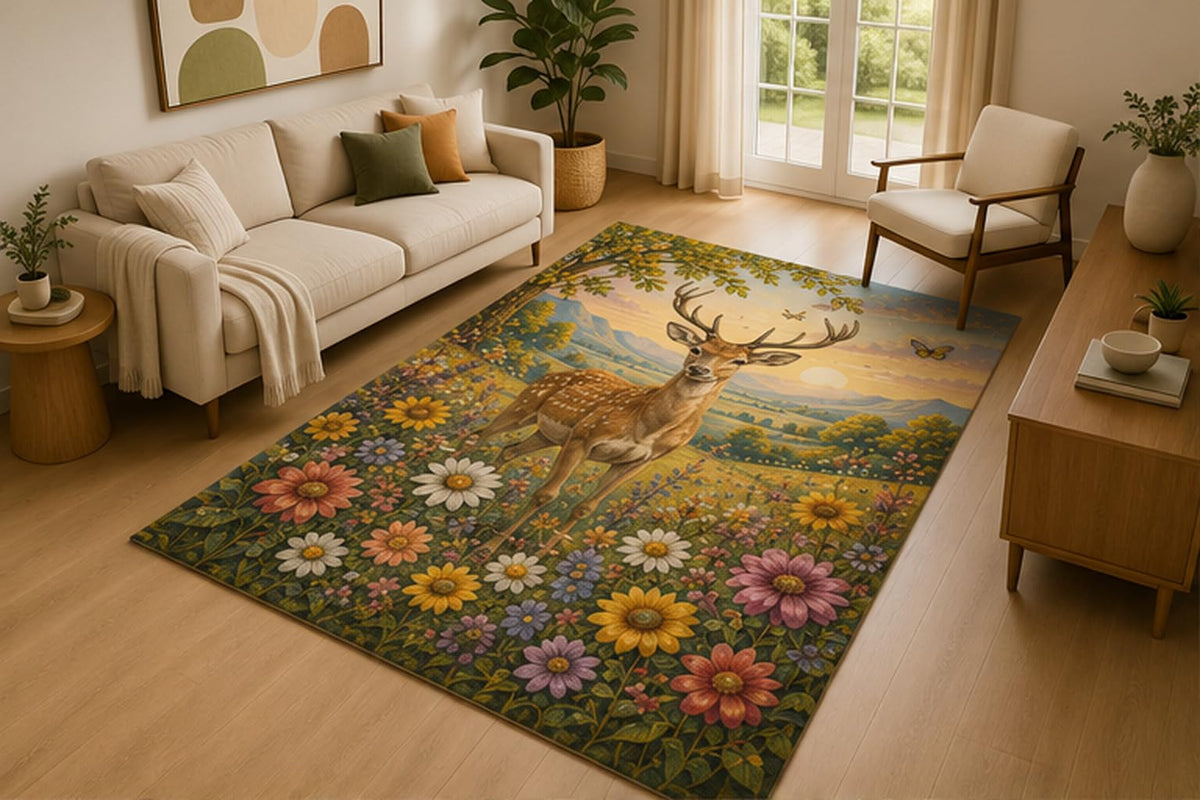 ICE ARMOR 5' x 7' Deer Wildflower Meadow Area Rug for Living Room, Soft Low Pile Indoor Rug with Non-Slip Silicone Backing, Woodland Nature Decor for Bedroom, Office, Family Room, Brown Green