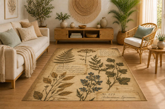 ICE ARMOR 5' x 7' Vintage Botanical Herb Area Rug for Living Room, Soft Low Pile Indoor Rug with Non-Slip Silicone Backing, Carpet for Bedroom, Office, Beige