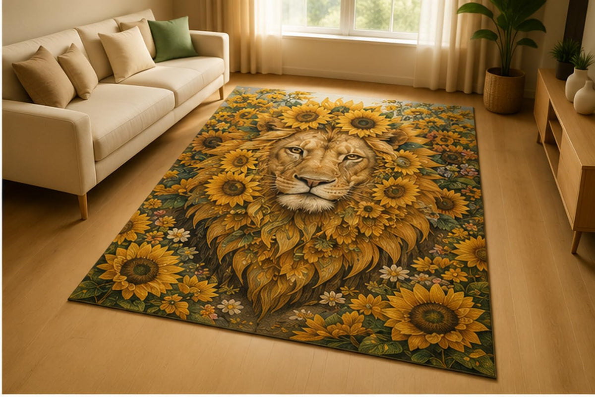 ICE ARMOR 5' x 7' Lion Sunflower Bloom Area Rug for Living Room, Soft Low Pile Indoor Rug with Non-Slip Silicone Backing, Majestic Wildlife Floral Decor for Bedroom, Office, Family Room, Yellow Brown
