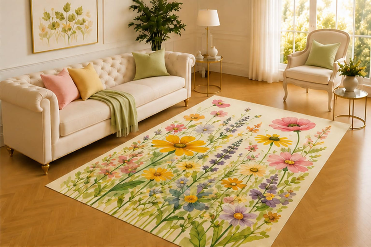 ICE ARMOR 5' x 7' Wildflower Meadow Rug, Pink, Yellow and Purple Blooms with Slender Green Stems, Cheerful Accent for Bedroom, Nursery, Sunroom or Reading Corner