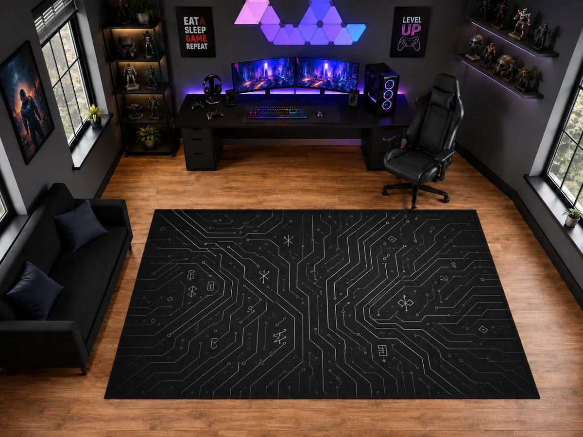 ICE ARMOR "Ultra Light Weight Large 6'7" x 9'10" Black Circuit Board Pattern Area Rug for Playroom Decor, Soft Low Pile Indoor Rug with Non-Slip Silicone Backing, Black Gray