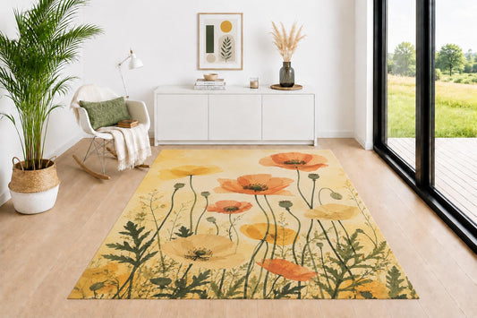 ICE ARMOR 5' x 7' Watercolor Poppy Floral Area Rug for Living Room, Soft Low Pile Indoor Rug with Non-Slip Backing, Botanical Carpet for Bedroom, Dining Room, Office, Orange Yellow