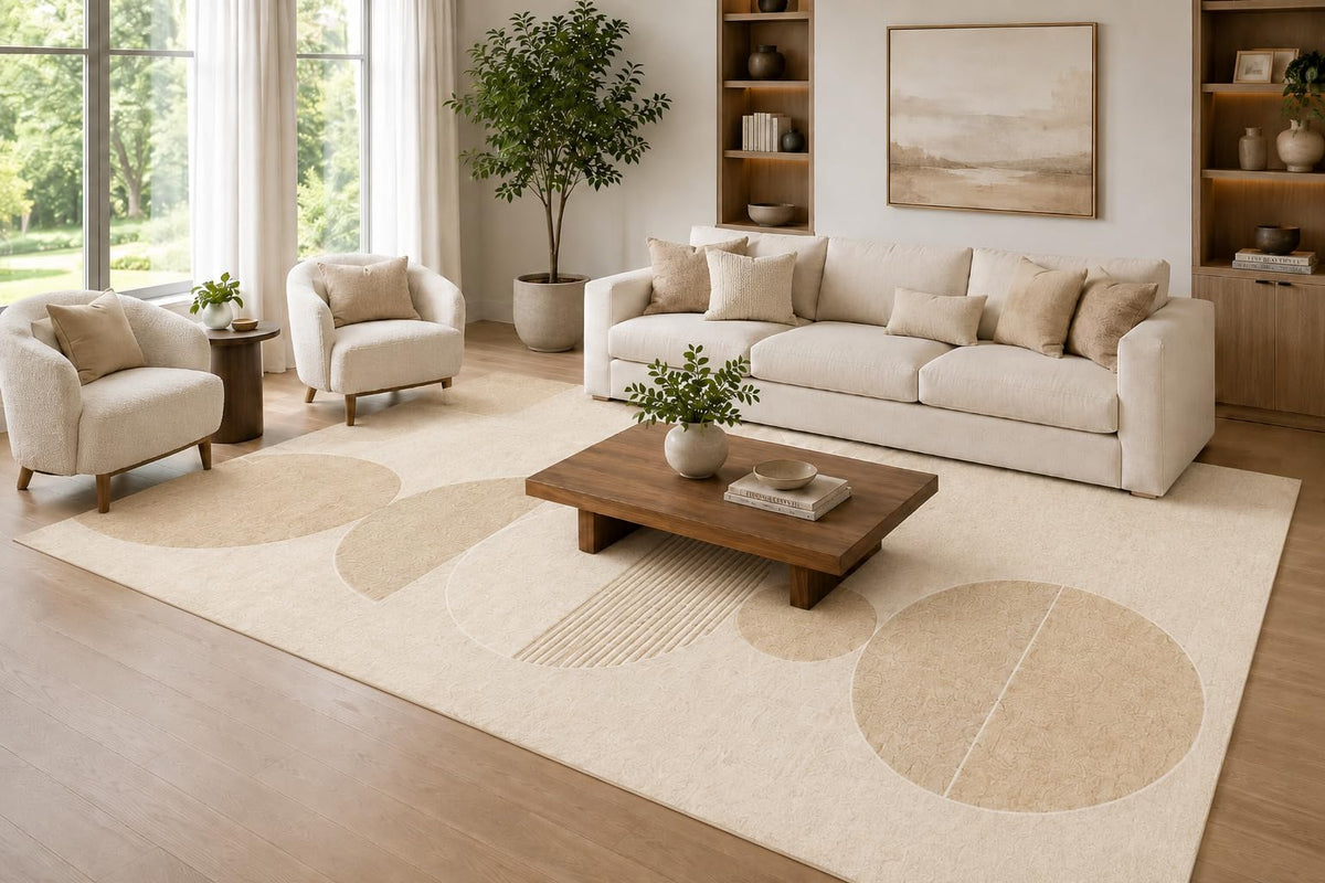 ICE ARMOR Large 6'7" x 9'10" Beige and Ivory Circular Balance Forms Area Rug for Living Room, Soft Low Pile Carpet with Non-Slip Silicone Backing, Decor for Bedroom and Home Office