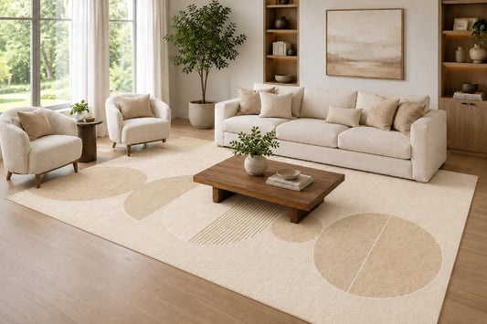 ICE ARMOR Large 6'7" x 9'10" Beige and Ivory Circular Balance Forms Area Rug for Living Room, Soft Low Pile Carpet with Non-Slip Silicone Backing, Decor for Bedroom and Home Office