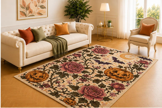 ICE ARMOR 5' x 7' Ghost Blossom Garden Rug, Deep Plum Floral Design with Floating Spirits, Candles and Moths, Mystical Floor Accent for Bedroom, Study or Halloween Decor