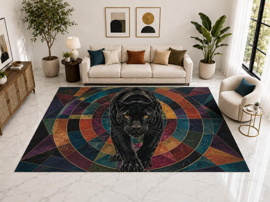 ICE ARMOR "Ultra Light Weight Large 6'7" x 9'10" Black Panther Circle Rug, Soft Low Pile Indoor Rug, Non-Slip Silicone Backing for Bedroom Multicolor