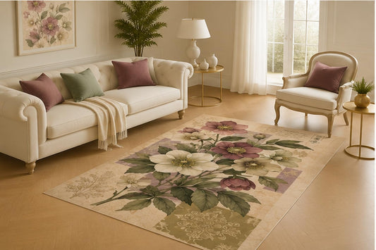 ICE ARMOR 5' x 7' Hellebore Botanical Patchwork Area Rug for Living Room, Soft Low Pile Carpet with Non-Slip Silicone Backing for Bedroom, Guest Room, Kids and Pets