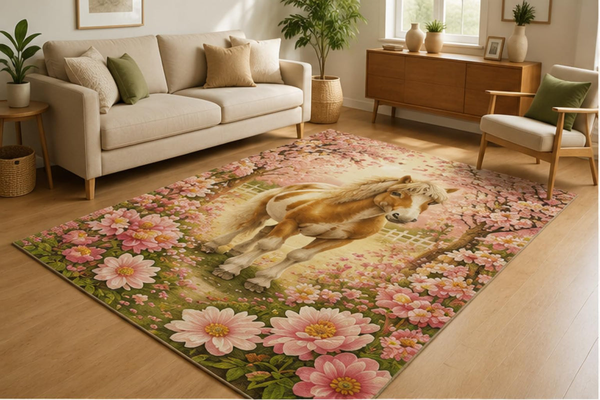 ICE ARMOR 5' x 7' Pony Cherry Blossom Area Rug for Living Room, Soft Low Pile Indoor Rug with Non-Slip Silicone Backing, Floral Carpet for Bedroom, Nursery, Family Room, Kids & Pets, Pink Beige